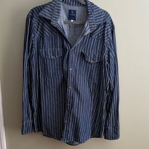 L.C. King Denim Blue White Striped Casual Button Down Shirt for Men